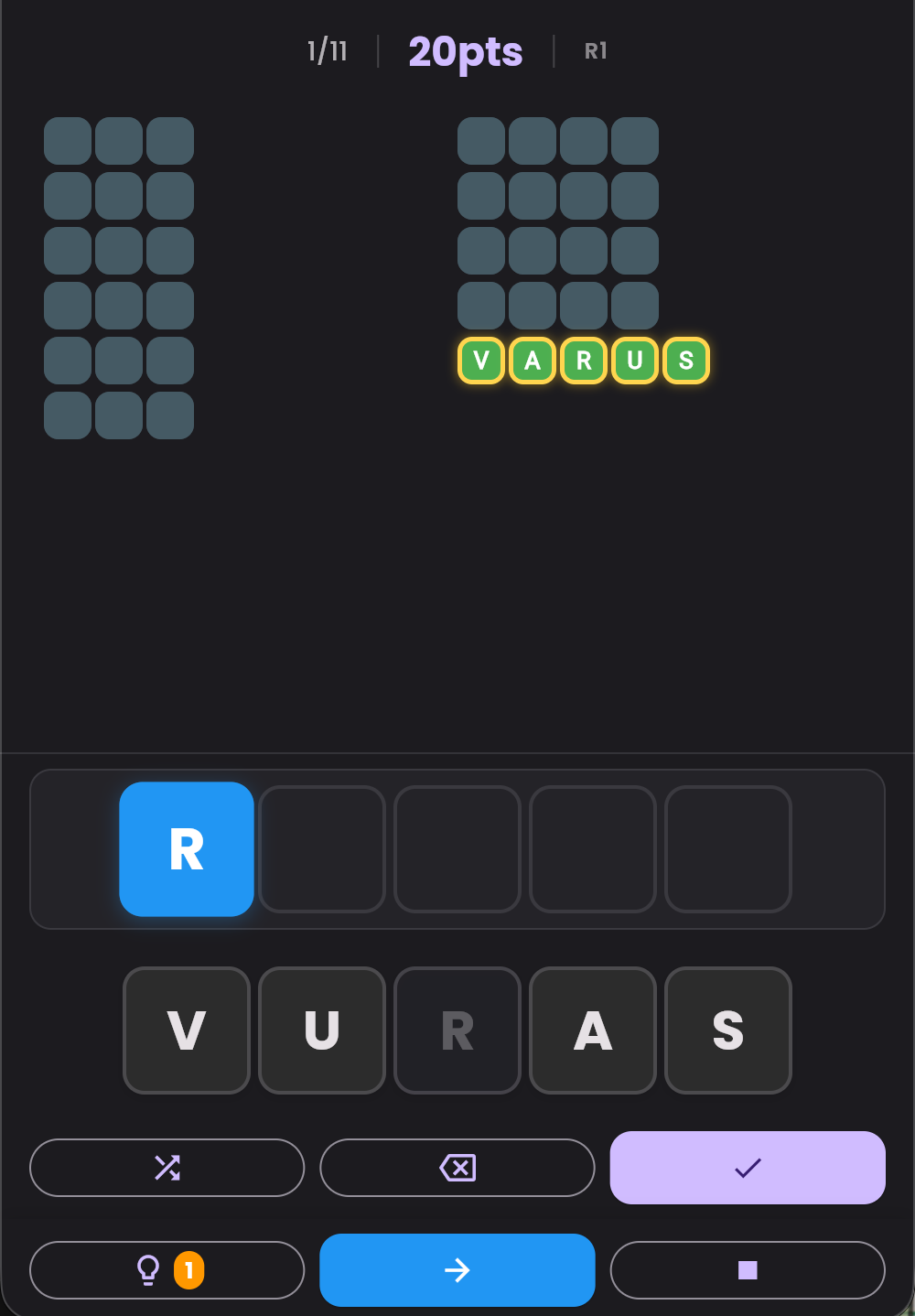 Mixty game screen showing letter tiles and word grid