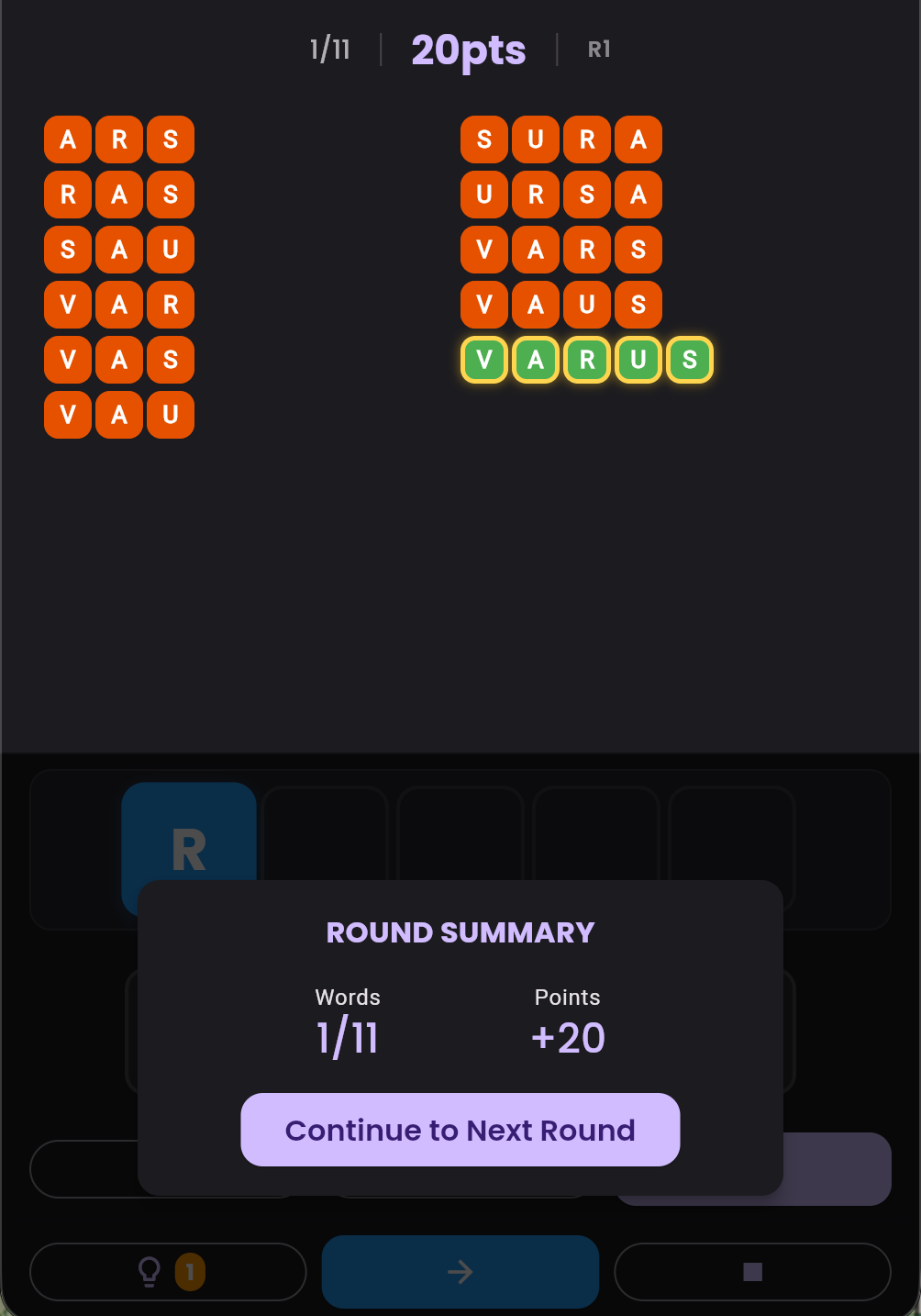 Mixty round summary showing words found and points scored